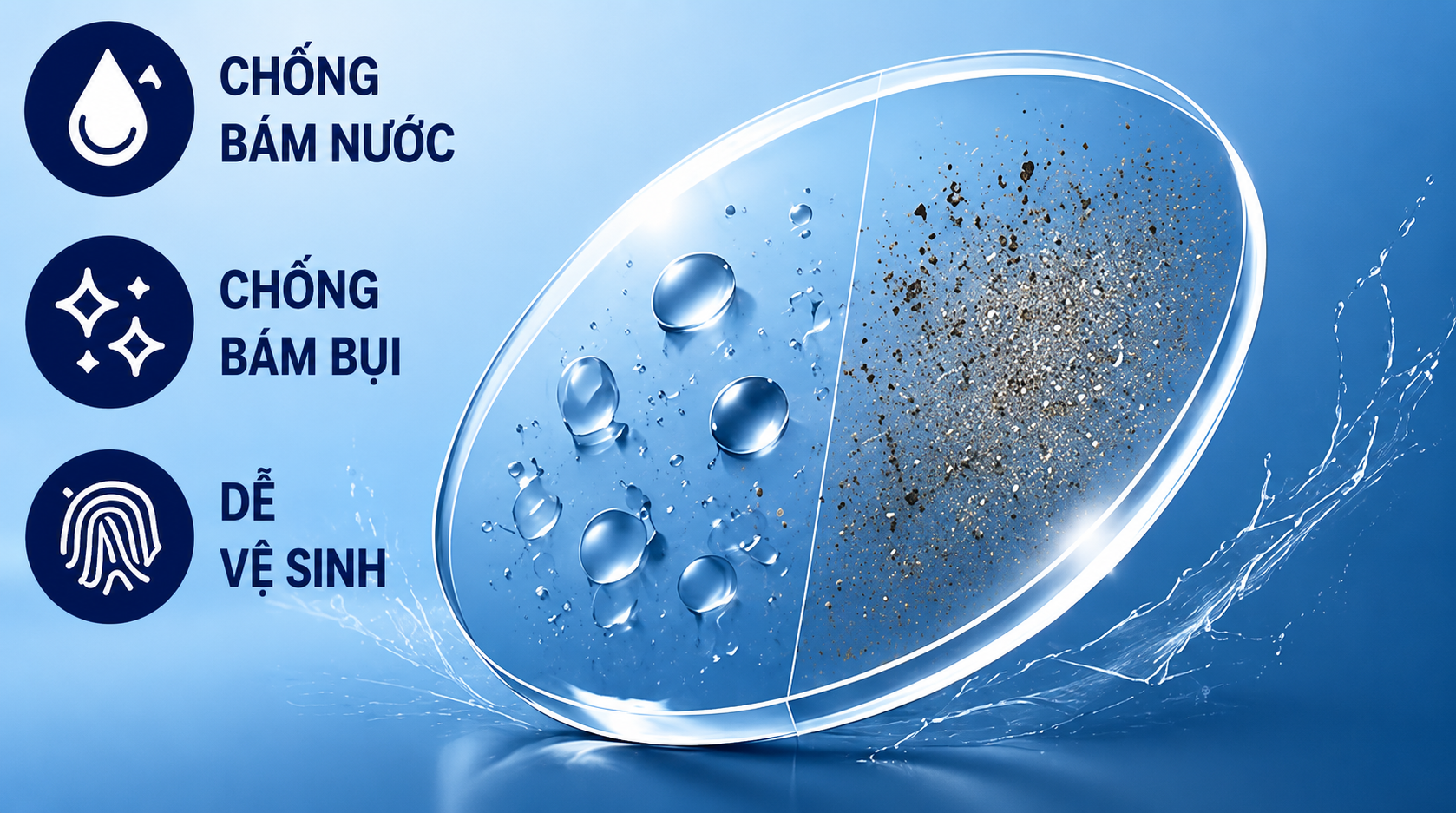 tròng kính phi cầu 2 mặt chống bám bụi, dễ lau chùi
